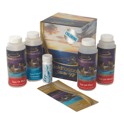 A Gold Horizons Starter Kit - Chlorine for spas featuring five spa treatment products labeled Spa TA Plus, Spa pH Plus, Spa pH Minus, and Spa Chlorine Granules, a small tube labeled Easy Test, instructional booklets, and a colorful box with a sunset and water scene.