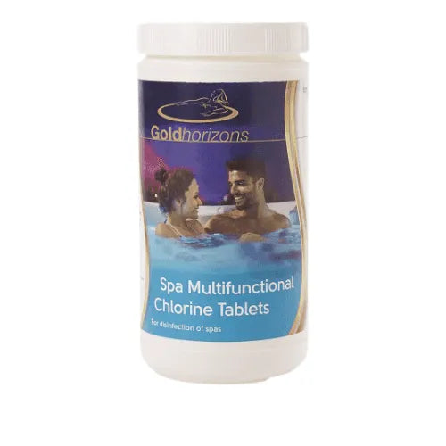 A white container labeled "Gold Horizons Multifunctional Chlorine Tablets" with an image of a smiling couple in a spa. The text indicates that the slow release chlorine tablets are for the disinfection and clarification of spa water.