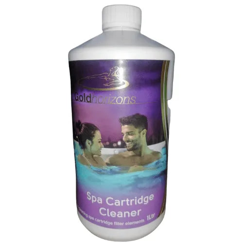 A 1-liter bottle of Gold Horizons Spa Cartridge Cleaner, ideal for maintaining filter efficiency in spa cartridge filters. The label features a smiling man and woman in a spa against a purple background. The bottle has rounded shoulders and a white cap, essential for keeping your spa pristine.

Product Name: Gold Horizons Spa Cartridge Cleaner
Brand Name: Gold Horizons