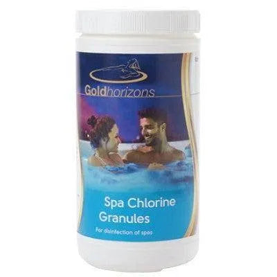 A white container of Gold Horizons Spa Chlorine Granules features an image of a smiling couple relaxing in a spa. The label indicates the product is used for disinfection of spas, perfect for maintaining free chlorine levels with stabilised chlorine granules ideal for accurate spa dosing.