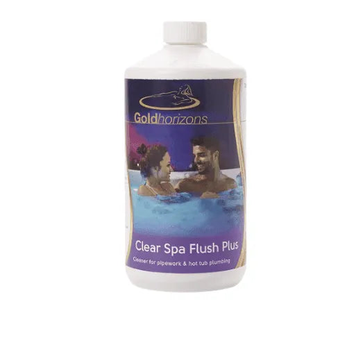 A white bottle of Gold Horizons Spa Flush features a label showing a man and woman in a blue-colored spa. The label includes a logo of a swimmer and text indicating it is an effective spa pipework cleaner for hot tub plumbing.