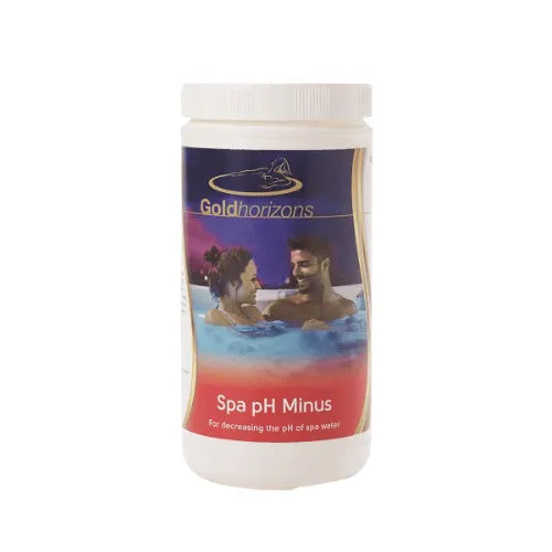 A white plastic container labeled "Gold Horizons Spa pH Minus" by Gold Horizons, featuring an image of a smiling couple in a spa. This essential product is used for decreasing the spa pH levels, ensuring your spa water remains perfectly balanced for a relaxing experience.
