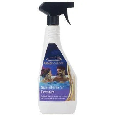 A white spray bottle labeled "Gold Horizons Spa Shine 'n' Protect" with an image of a couple in a pool on the front. The bottle features a black spray nozzle and text indicating it protects and enhances the shine of spa surfaces. Ideal for hot tub maintenance, it also offers UV protection.
