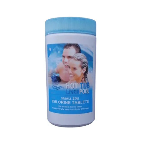 A white plastic container of Hot Tub Liverpool Chlorine Tablets for hot tubs and swimming pools, labeled &quot;Hot Tub Liverpool.&quot; The label features an image of a smiling couple in a hot tub. The text indicates that the product contains 1kg of small 20g chlorine tablets for effective water treatment and disinfection.