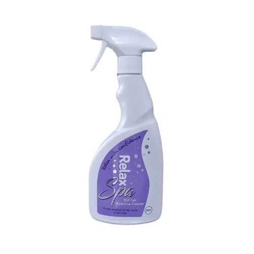 A white spray bottle labeled "Hot Tub Liverpool Relax Waterline Cleaner." The label is purple with white text and bubbles. The nozzle is white, and the bottle has a sleek, curved design, indicating it is intended for cleaning hot tub acrylic shell waterlines with a low foaming formula.