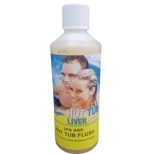 A bottle of **Gold Horizons Hot Tub Liverpool Spa & Hot Tub Flush - 0.5l**, designed to improve spa water quality by targeting biofilm. The label features an image of a smiling man and woman in a hot tub. The bottle has a white cap and contains a clear, yellowish liquid inside.