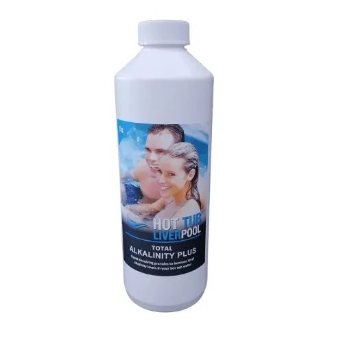 A white bottle labeled "Hot Tub Liverpool TA Plus" features an image of a smiling couple in a hot tub. Designed to help increase and maintain alkalinity levels in hot tub water, it's essential for balanced water chemistry by Hot Tub Liverpool.