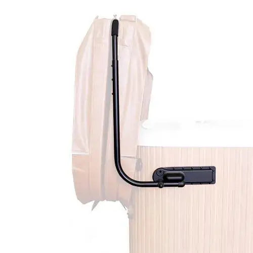 A beige hot tub with a tan cover partially lifted by a Hot Tub Liverpool HTL Cover Lifter—a black metal hot tub cover lifter attached to the side of the hot tub. The HTL Cover Lifter is in a vertical position, supporting the cover in an upright stance for easy access.