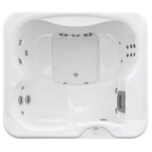 Top view of an energy-efficient, square-shaped white Jacuzzi Lodge+S Holiday Let Hot Tub with multiple water jets along the sides. The hot tub features built-in seating areas, a smooth, glossy finish, and a small footprint perfect for limited spaces.