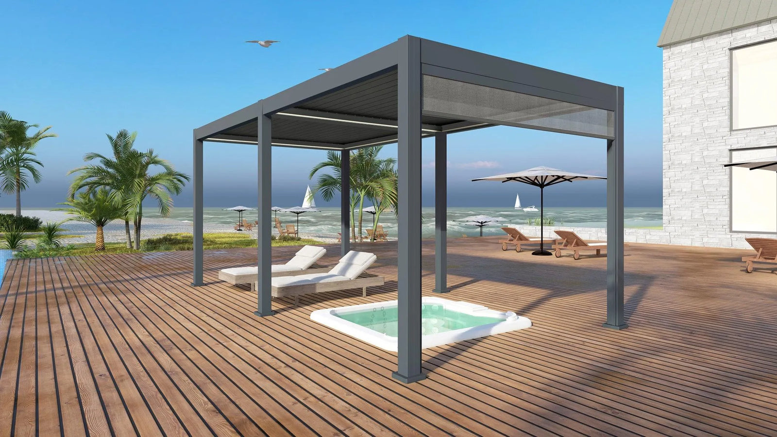 A seaside patio features a modern design Jacuzzi® Pergola 3600 with LED strips and two lounge chairs underneath, facing a small hot tub. Palm trees are in the background, with beach chairs and umbrellas nearby. The ocean and drifting sailboats are visible under a clear blue sky.
