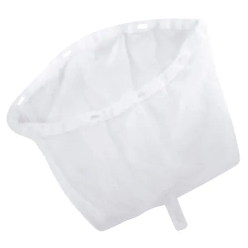 A white, reusable Jacuzzi® - Hot Tub Skimmer Debris Bag (6 Holes) with a wide, open top and a narrower bottom. The bag has a series of holes around the top edge for securing it to a container. This lightweight, semi-transparent bag is perfect as a skimmer debris bag or even as part of your hot tub accessories for filtering liquid.