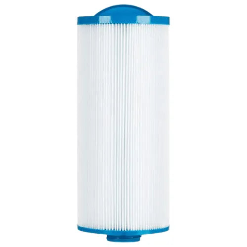 This image shows a white cylindrical hot tub filter with blue plastic end caps. The filter features vertical ridges running along its length, indicating its pleated design for increased surface area. It is likely used for water or air filtration and could be a Jacuzzi® approved filter, specifically the Jacuzzi® - J460 Large Filter, suitable for models like the Jacuzzi J460.