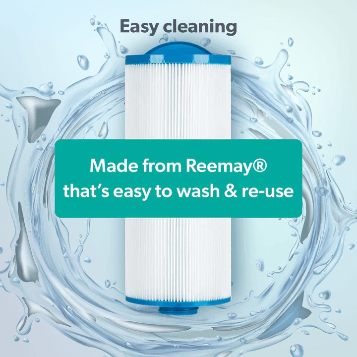 Image of a **Jacuzzi® - J460 Large Filter** surrounded by a splash of water against a blue background. A green banner across the center reads, "Made from Reemay® that's easy to wash & re-use." The header at the top says, "Easy cleaning.