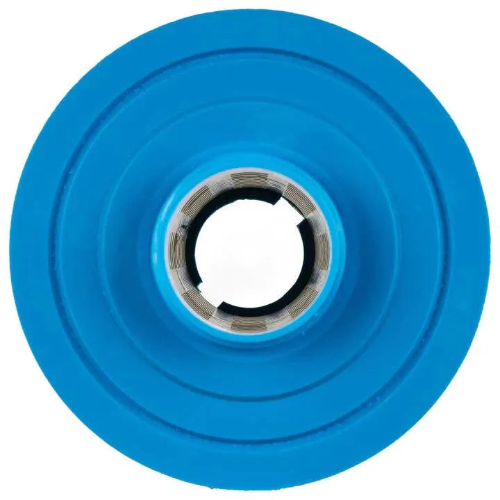 A top-down view of a blue circular object with a metallic center. The object features concentric ridges and has an overall sleek, modern design. Resembling a hot tub filter, the center opening reveals metallic elements, indicating it might be Jacuzzi® approved or part of the Jacuzzi® - J460 Large Filter series.