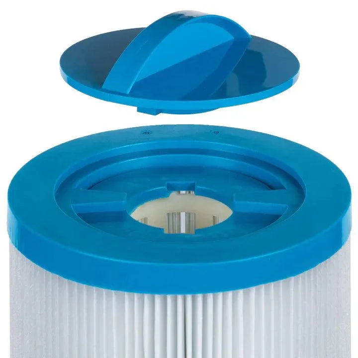 A close-up image of a blue and white cylindrical filter housing with the blue top lid partially open, revealing the inner components of the hot tub filter. The lid has a curved handle. The filter appears to be made of pleated material, suggesting it may be a Jacuzzi® - J460 Large Filter by Jacuzzi®.