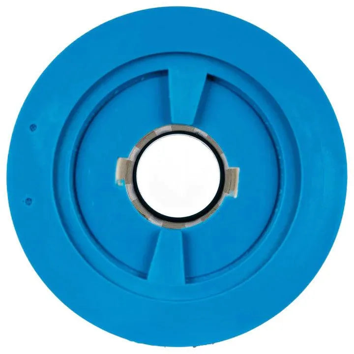 A circular blue object with a central white and metallic component, appearing like a lens or reflector, is shown. Resembling a Jacuzzi® - J460 Large Filter, the blue outer part has a smooth surface with raised segments and concentric circles around the center.