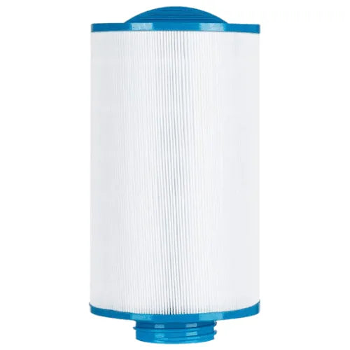 A cylindrical water filter cartridge with white pleated fabric and blue plastic end caps at the top and bottom, ideal for hot tub accessories. This Approved Jacuzzi® - J460 Small Filter is shown against a white background.