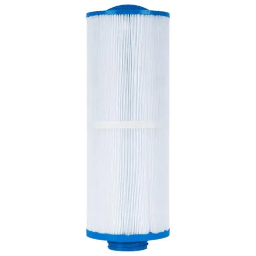 A cylindrical white pool filter with blue end caps on the top and bottom. The filter has pleated sides and is designed to trap debris and impurities from pool water. This Jacuzzi® - J465, J470, J480 to 2012 Small Filter ensures your water stays clean and clear, enhancing your spa experience.