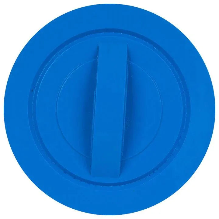 A blue, circular plastic lid with a raised handle in the center designed to fit a Jacuzzi® - J465, J470, J480 to 2012 Small Filter. The rectangular handle is positioned horizontally for easy grip and twist. The lid features a smooth, glossy surface, ensuring durability and compatibility with Jacuzzi® approved systems.
