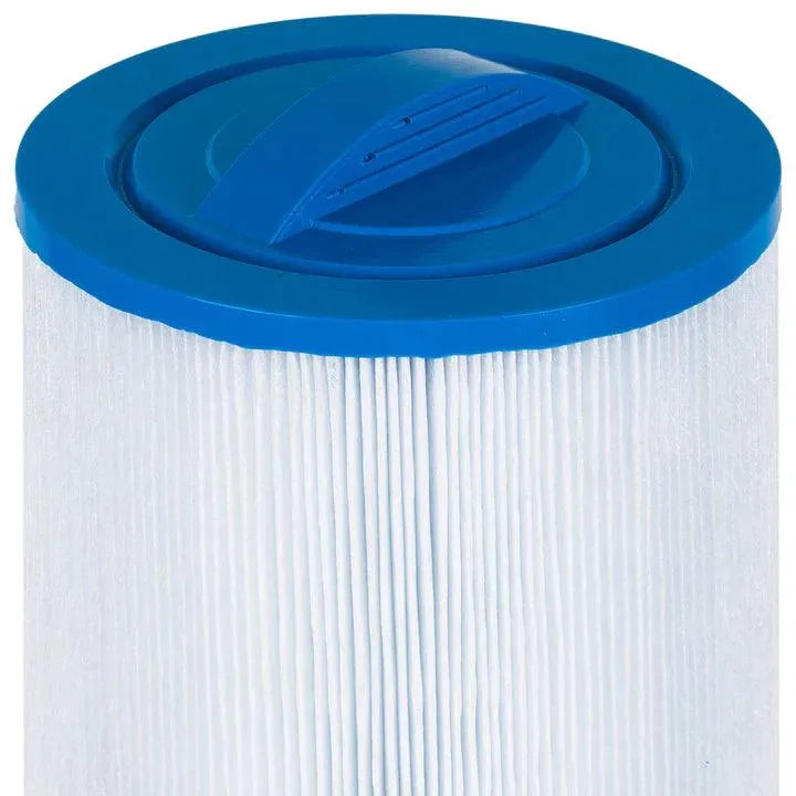Close-up of a cylindrical blue and white pleated Jacuzzi® - J465, J470, J480 to 2012 Small Filter element with a handle on the top. The hot tub filter has a ridged blue plastic lid that makes it easy to grip and replace.