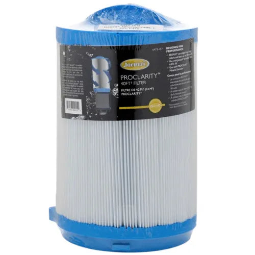 A cylindrical blue and white Jacuzzi® approved filter cartridge for a hot tub. The label reads "Jacuzzi® - Pro-Clarity Filter 2013+" and provides additional specifications and usage instructions. The top of the Jacuzzi® - Pro-Clarity Filter 2013+ cartridge is sealed with blue plastic wrap.