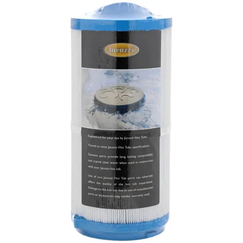 A cylindrical Jacuzzi® - Pro-Clarity Filter upto 2012 (J465 J470 J480) wrapped in clear plastic with blue edges is displayed vertically. The filter features detailed specifications, ensuring long-lasting compatibility and maintaining purified water quality for your hot tub.