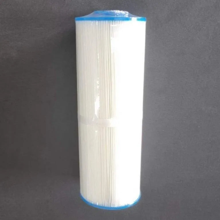 The Hot Tub Liverpool LHT One Filter, a vertically oriented, cylindrical hot tub filter cartridge with a white pleated surface and blue plastic caps on both ends, is placed against a dark gray background.
