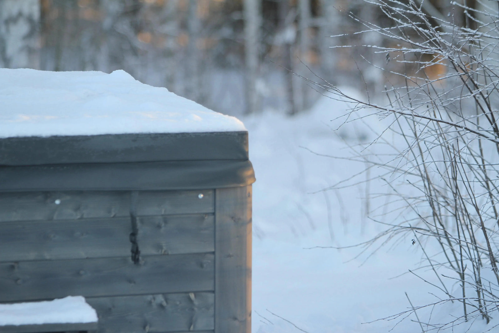 A wooden structure, partially covered in snow, is situated outdoors in a wintery landscape. Bare, frost-covered branches are visible to the right, and blurred background trees suggest a serene forest setting. A Rexener Polar Wooden Hot Tub - Made in Finland from Hot Tub Liverpool adds warmth and charm as snow blankets the ground and structure.