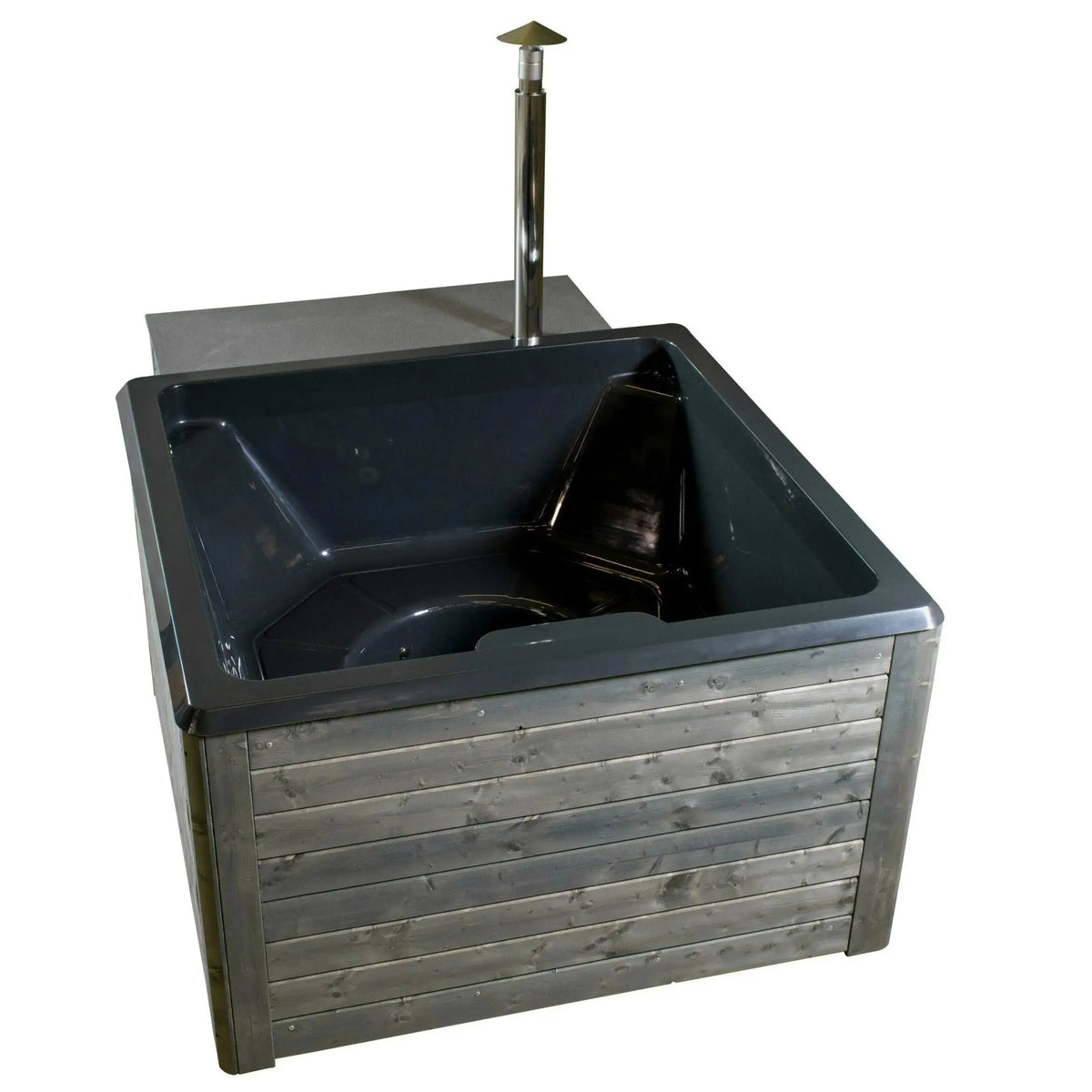 A square handmade Rexener Polar Wooden Hot Tub - Made in Finland with a gray wooden exterior, featuring a sleek black interior and modern design. The Hot Tub Liverpool hot tub includes jet nozzles and a built-in step for easy entry. A tall, metal faucet with a rectangular spout is positioned at the back corner, complete with a Rexener PR200 water heater for efficient heating.