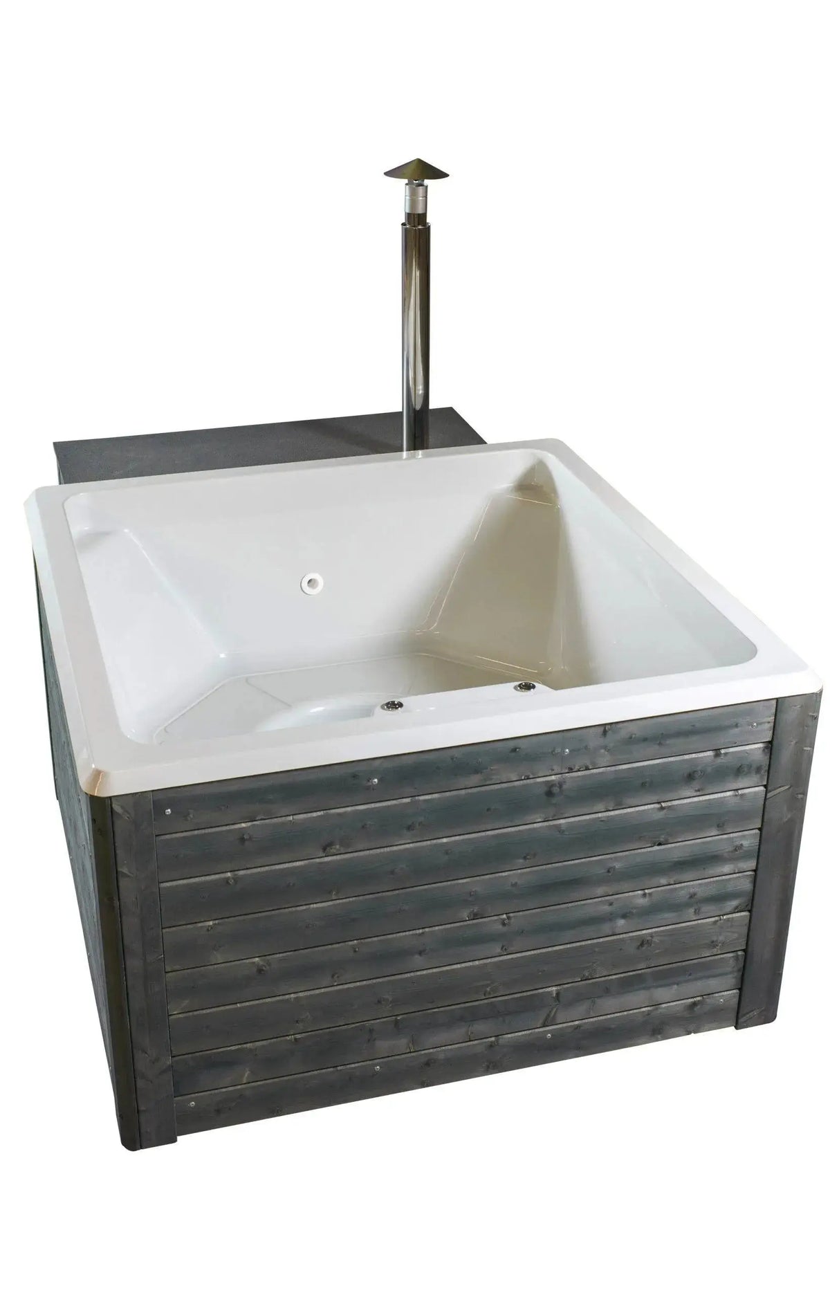 A freestanding, handmade hot tub featuring a sleek black wooden exterior and a smooth white interior. The tub is square-shaped with a black horizontal platform attached at the back. A silver faucet extends vertically from one corner, and it includes a Rexener PR200 water heater for optimal comfort. This is the Rexener Polar Wooden Hot Tub - Made in Finland from Hot Tub Liverpool.