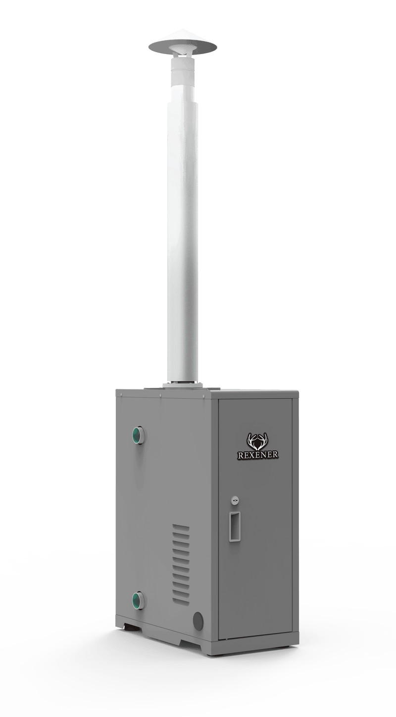 A tall, rectangular gray heater with a chimney pipe extending upwards stands on a white and gray gradient background. The REXENER PR200 energy efficient hot tub water heater has several vents and buttons and is labeled with the brand name "Hot Tub Liverpool" along with a logo featuring a reindeer head.