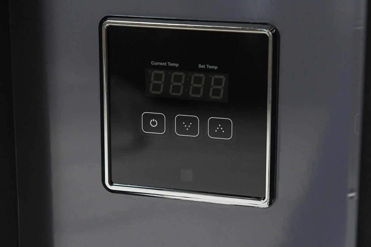 A close-up of a modern digital control panel on a Hot Tub Liverpool REXENER PR200 energy-efficient hot tub water heater, featuring a black screen with a shiny chrome border. The panel displays current temperature, set temperature, and has several touch buttons labeled with icons for power, settings, and temperature adjustment.