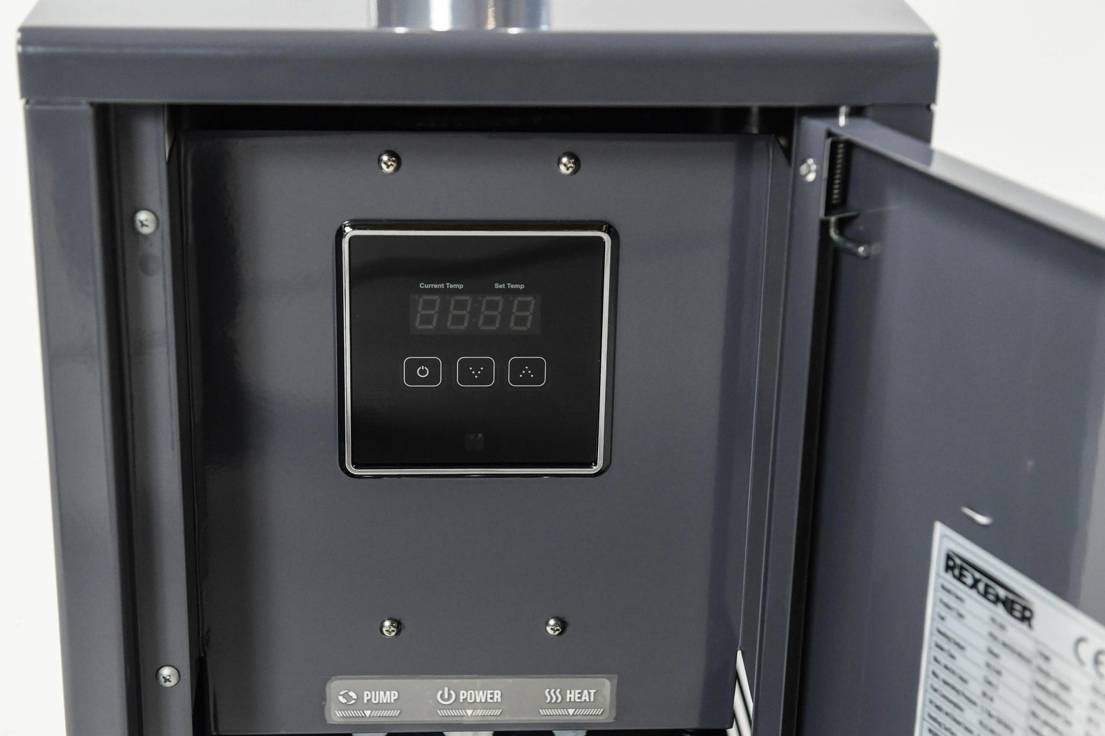 Close-up of an open control panel box with a digital display, showing current and set temperatures for the Hot Tub Liverpool REXENER PR200 energy efficient hot tub water heater, on the inside of a metal cabinet. Below the display are labeled buttons: "Pump," "Power," and "Heat." The cabinet door has a specifications label.