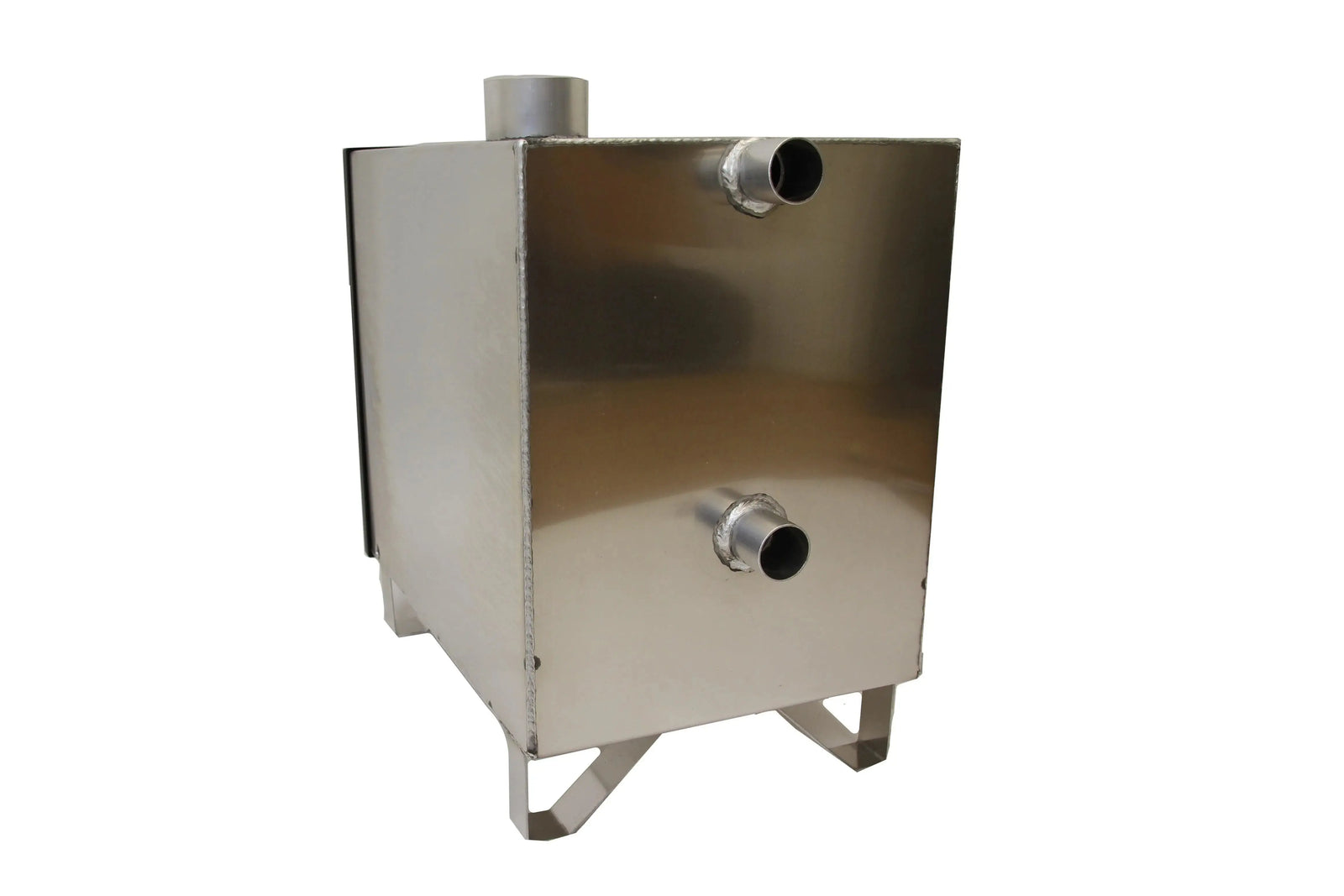 A REXENER PR200 energy efficient hot tub water heater by Hot Tub Liverpool with a rectangular shape, ideal for energy-efficient heaters. It features two cylindrical inlet and outlet pipes protruding from the front and an exhaust port on top. The unit stands firmly on four angled legs.