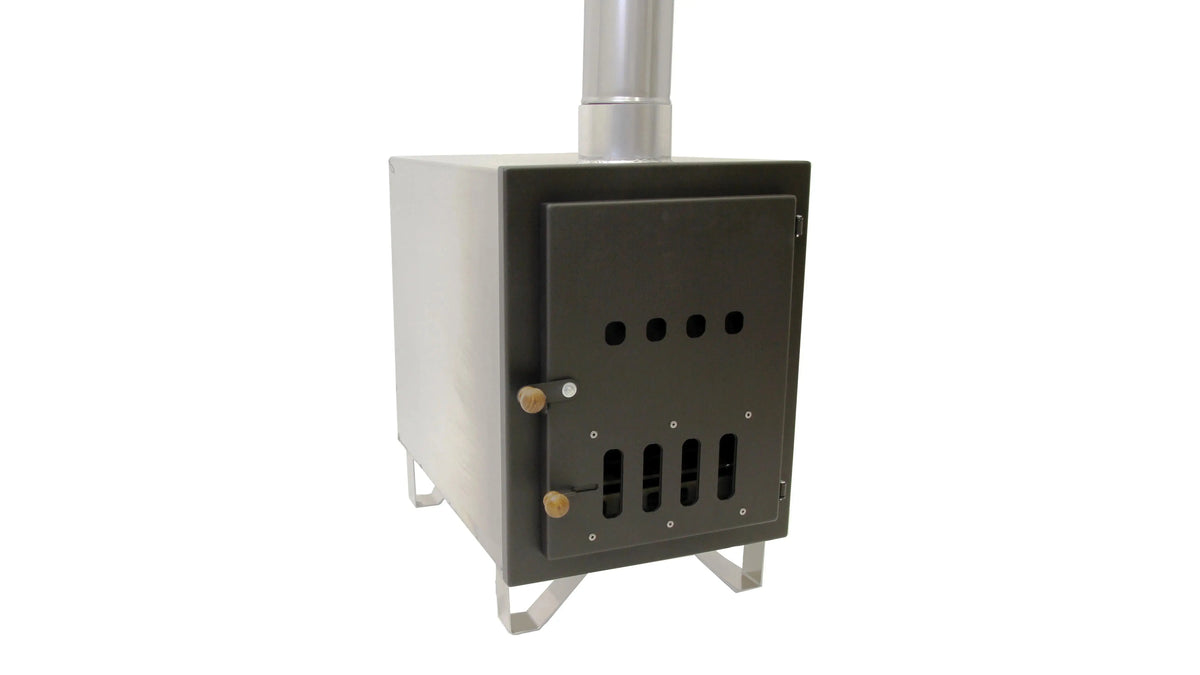 A black rectangular REXENER PR200 energy efficient hot tub water heater with a metal pipe extending from the top for ventilation. The front door has air vents and two handles, and the heater stands on four metal legs. This Hot Tub Liverpool product features a simple and utilitarian design, ideal for rustic spaces.