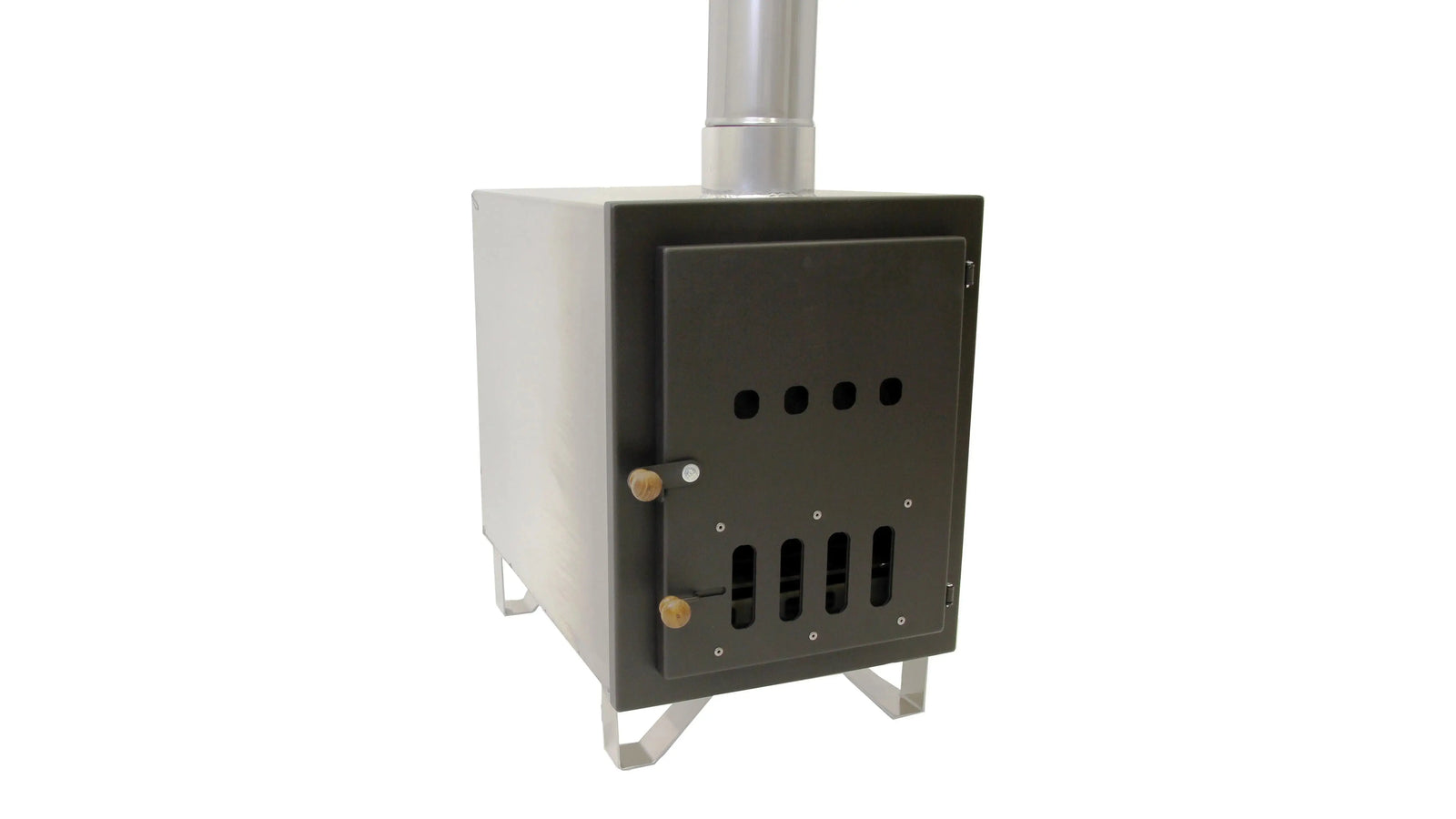 A black rectangular REXENER PR200 energy efficient hot tub water heater with a metal pipe extending from the top for ventilation. The front door has air vents and two handles, and the heater stands on four metal legs. This Hot Tub Liverpool product features a simple and utilitarian design, ideal for rustic spaces.