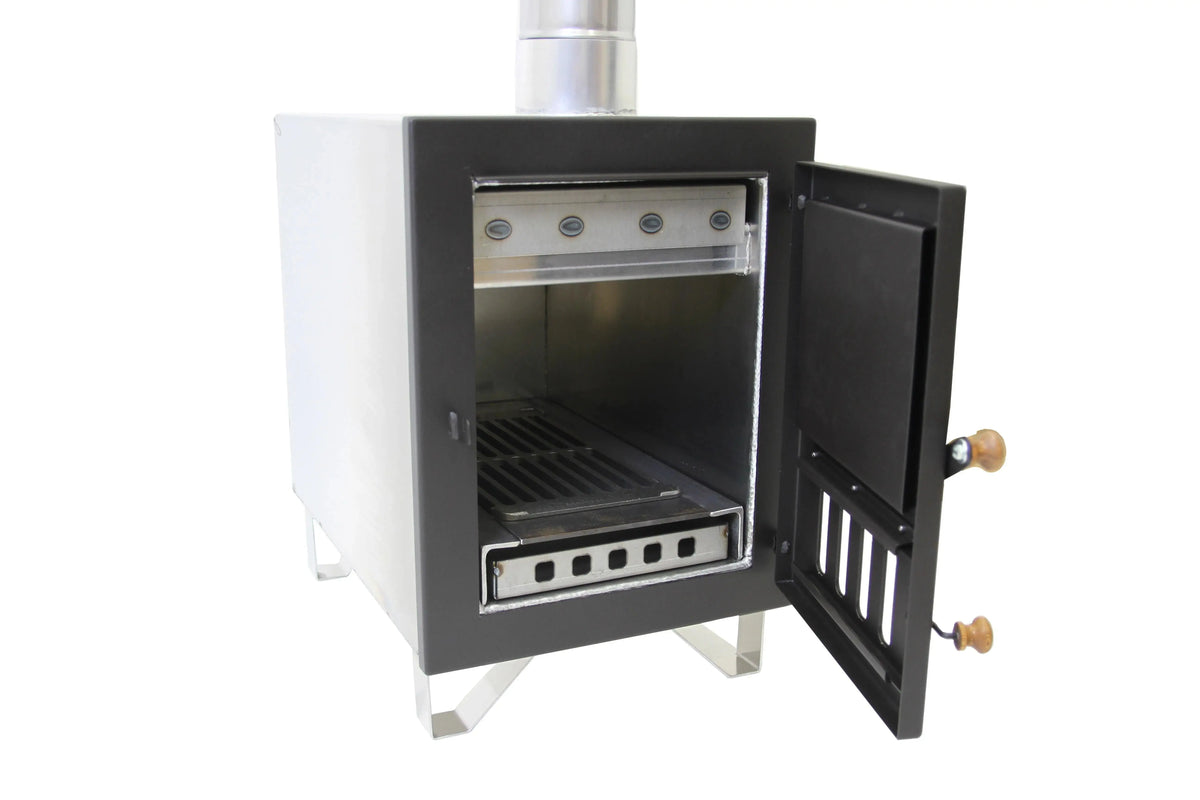 A compact, stainless steel wood-burning stove with a square shape. The stove features a front door with a handle and a viewing window, revealing the interior. Sitting on sturdy legs and boasting an extending chimney pipe, it doubles as one of the most energy-efficient heaters available — the REXENER PR200 energy efficient hot tub water heater by Hot Tub Liverpool.