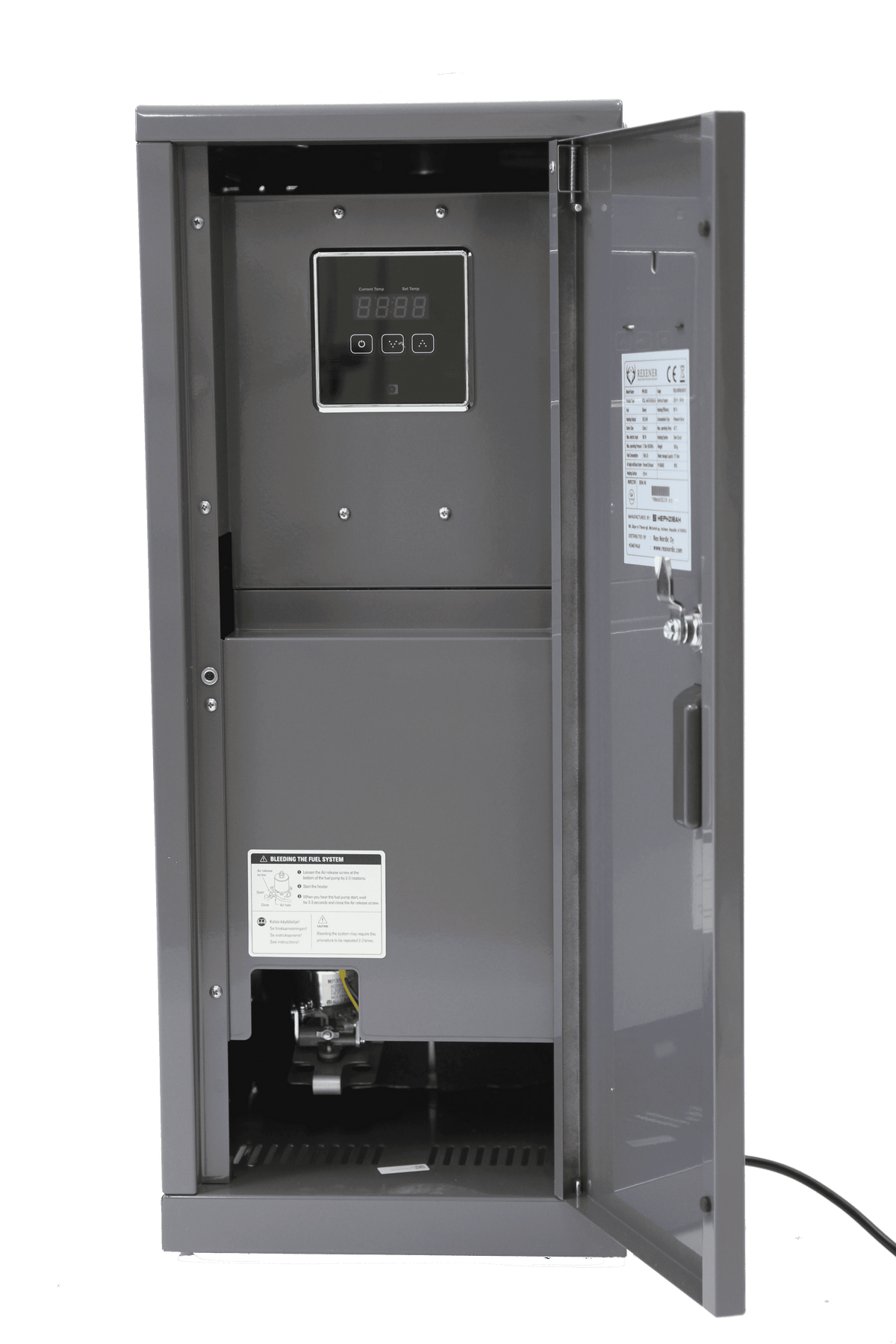 An open electrical control panel with a digital display at the top reveals internal components and wiring of a Hot Tub Liverpool REXENER PR200 energy efficient hot tub water heater. The front door is hinged open to the right, showcasing informational labels and a handle. The background is plain and unobtrusive, focusing on the advanced technology within.