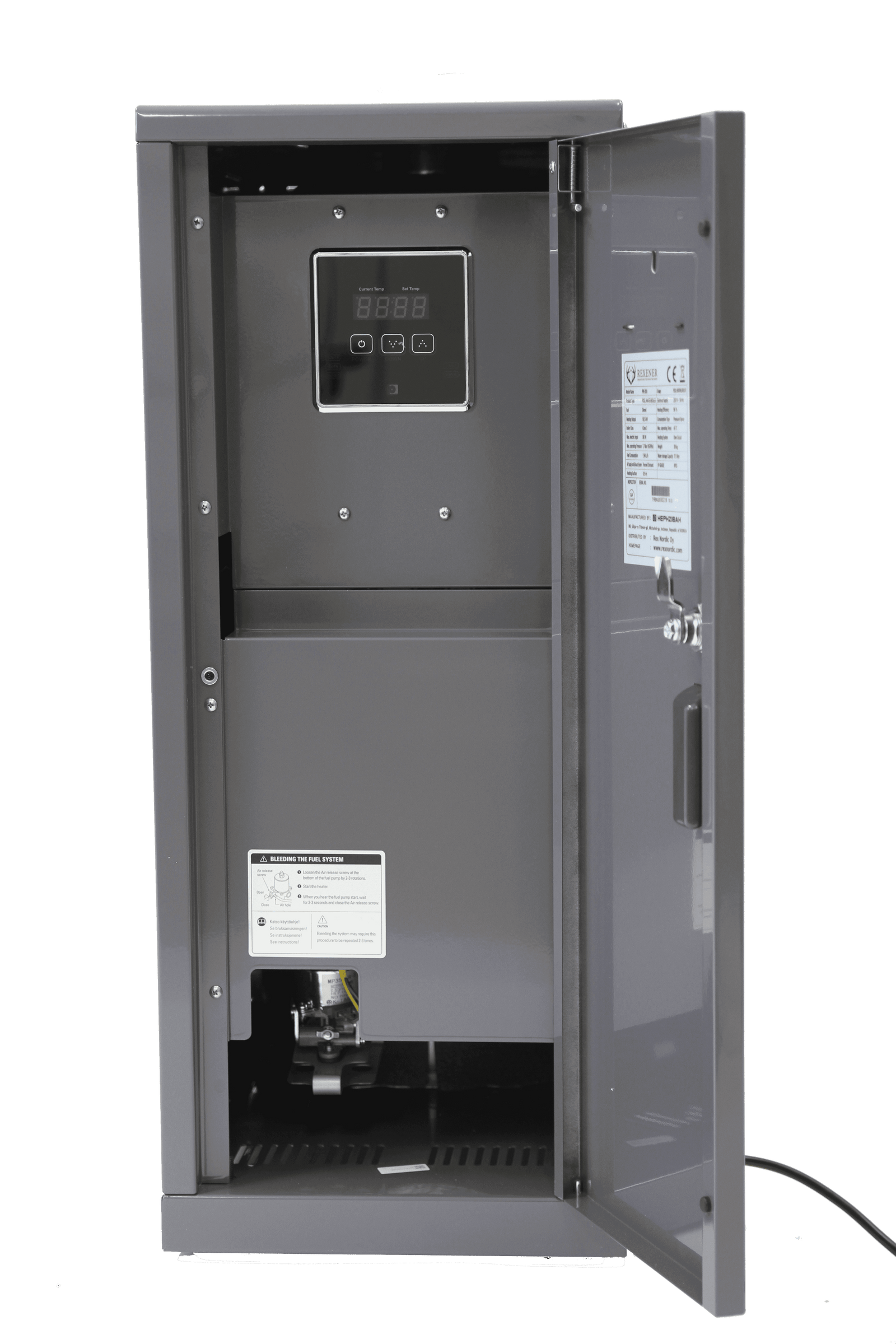 An open electrical control panel with a digital display at the top reveals internal components and wiring of a Hot Tub Liverpool REXENER PR200 energy efficient hot tub water heater. The front door is hinged open to the right, showcasing informational labels and a handle. The background is plain and unobtrusive, focusing on the advanced technology within.