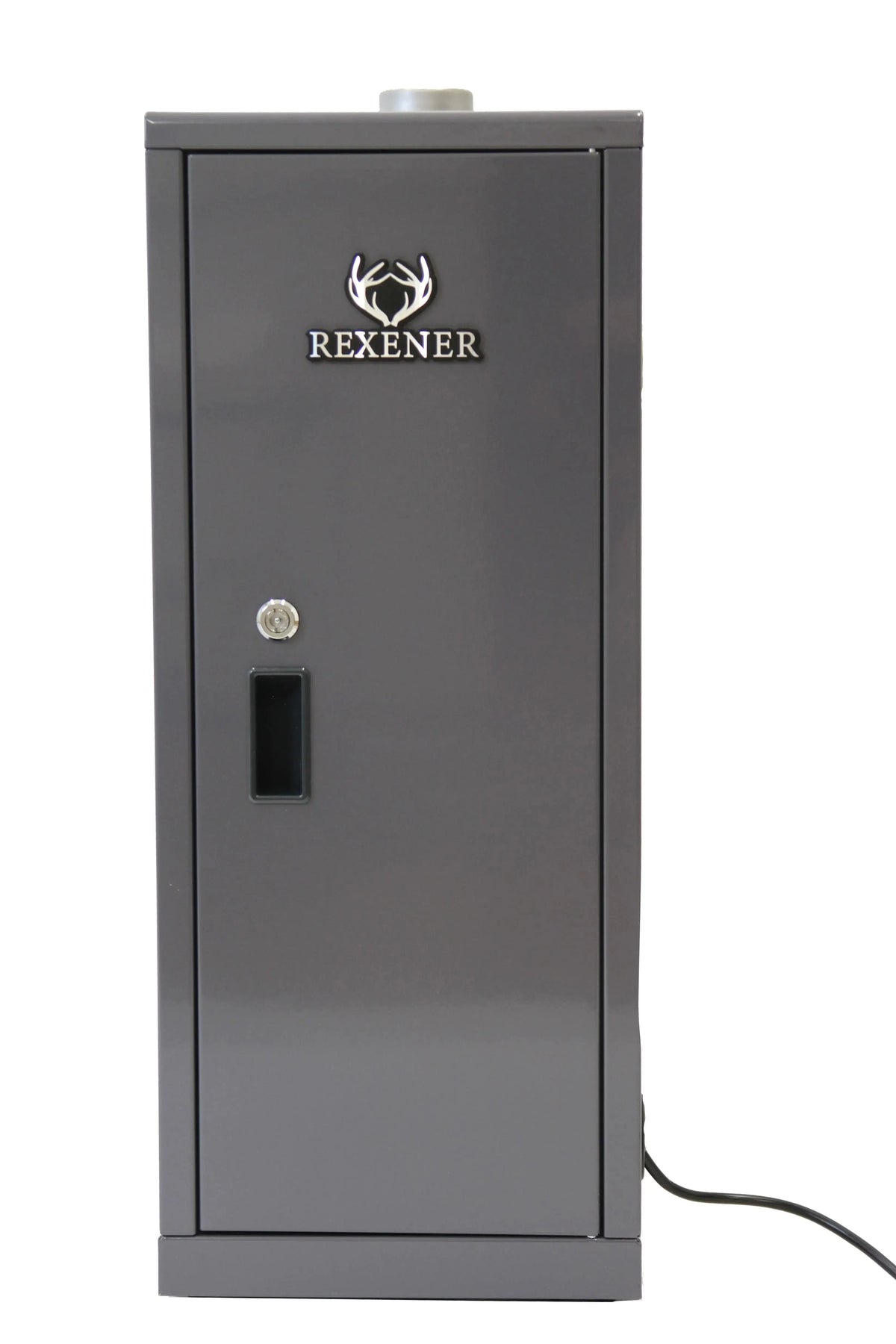 A tall, gray metal cabinet with the brand name "Hot Tub Liverpool" and an antler logo at the top center. This REXENER PR200 energy efficient hot tub water heater features a lock, a lower handle, and a black power cord visible on the bottom right. Perfect for use as a swimming pool or hot tub heater.