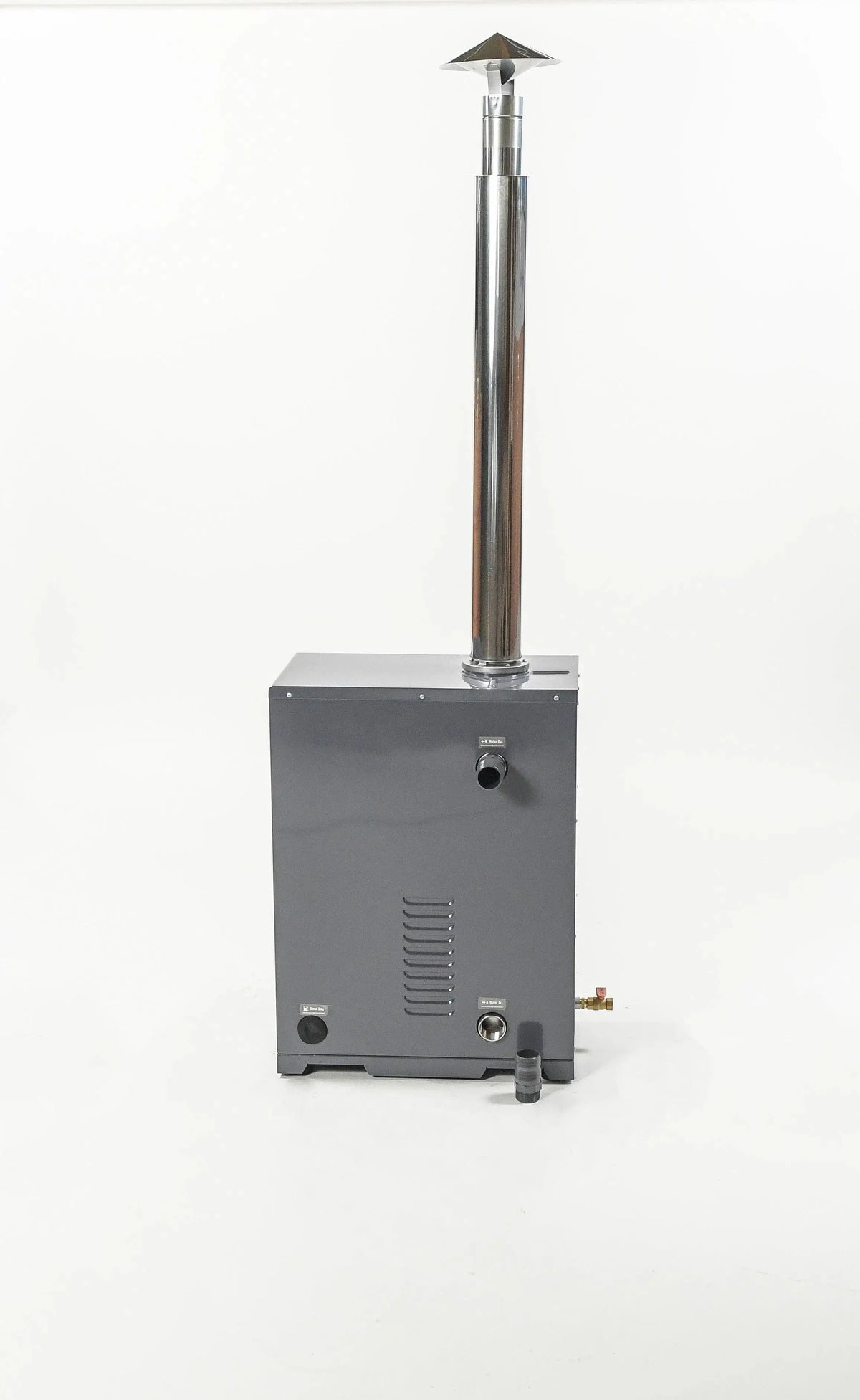 A vertical, rectangular gray metal Hot Tub Liverpool REXENER PR200 energy efficient hot tub water heater with a shiny vertical chimney pipe attached to the top. The heater, reminiscent of energy efficient heaters, has a small access door and two control knobs on the front. The setup is placed against a plain white background.