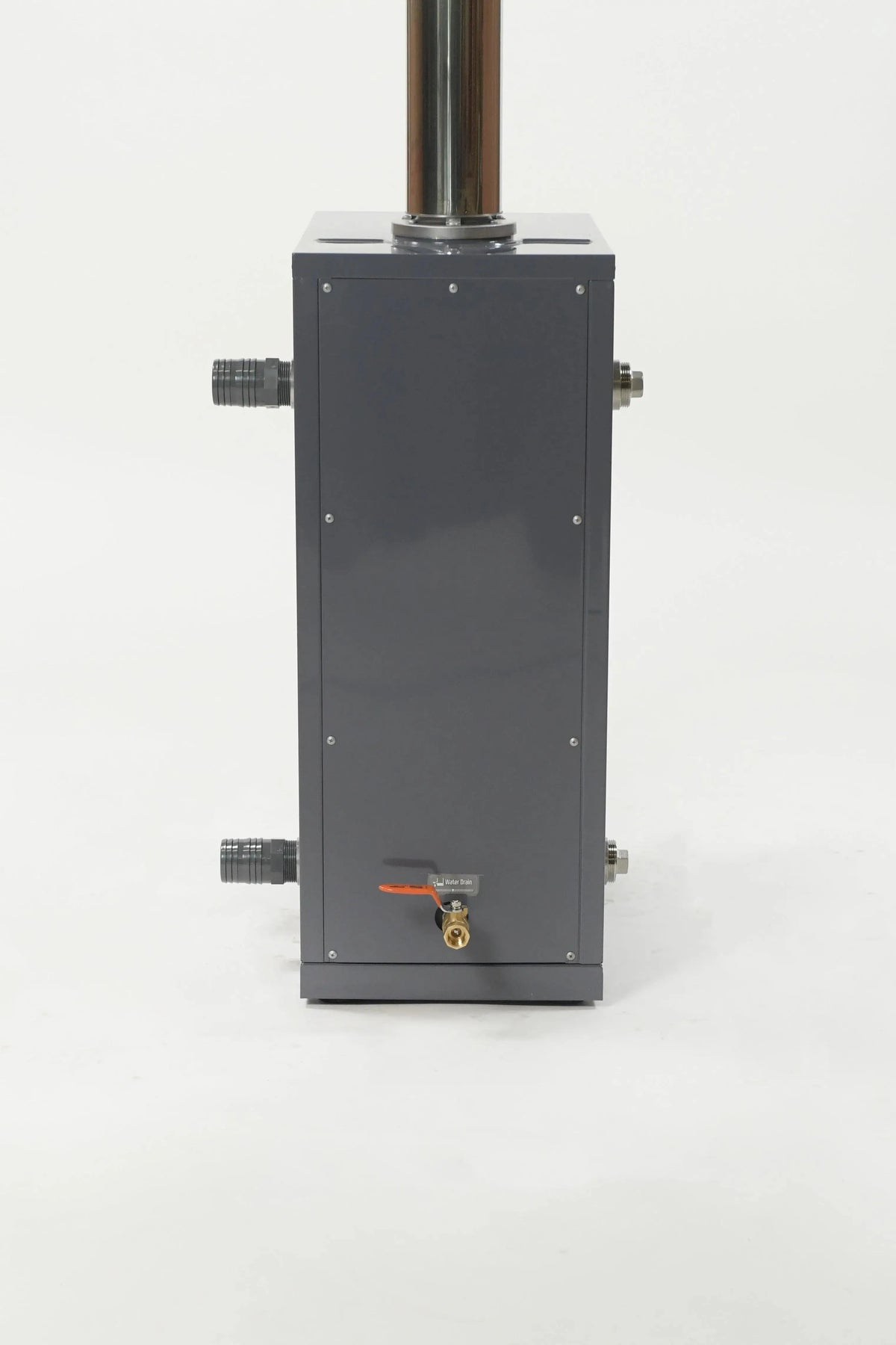 A rectangular, dark gray metal box with pipes protruding from both sides. There is a metallic pipe extending upward from the top and a brass faucet with a red handle at the bottom front. Ideal for use as an energy-efficient heater, the REXENER PR200 energy efficient hot tub water heater by Hot Tub Liverpool sits on a plain white background.