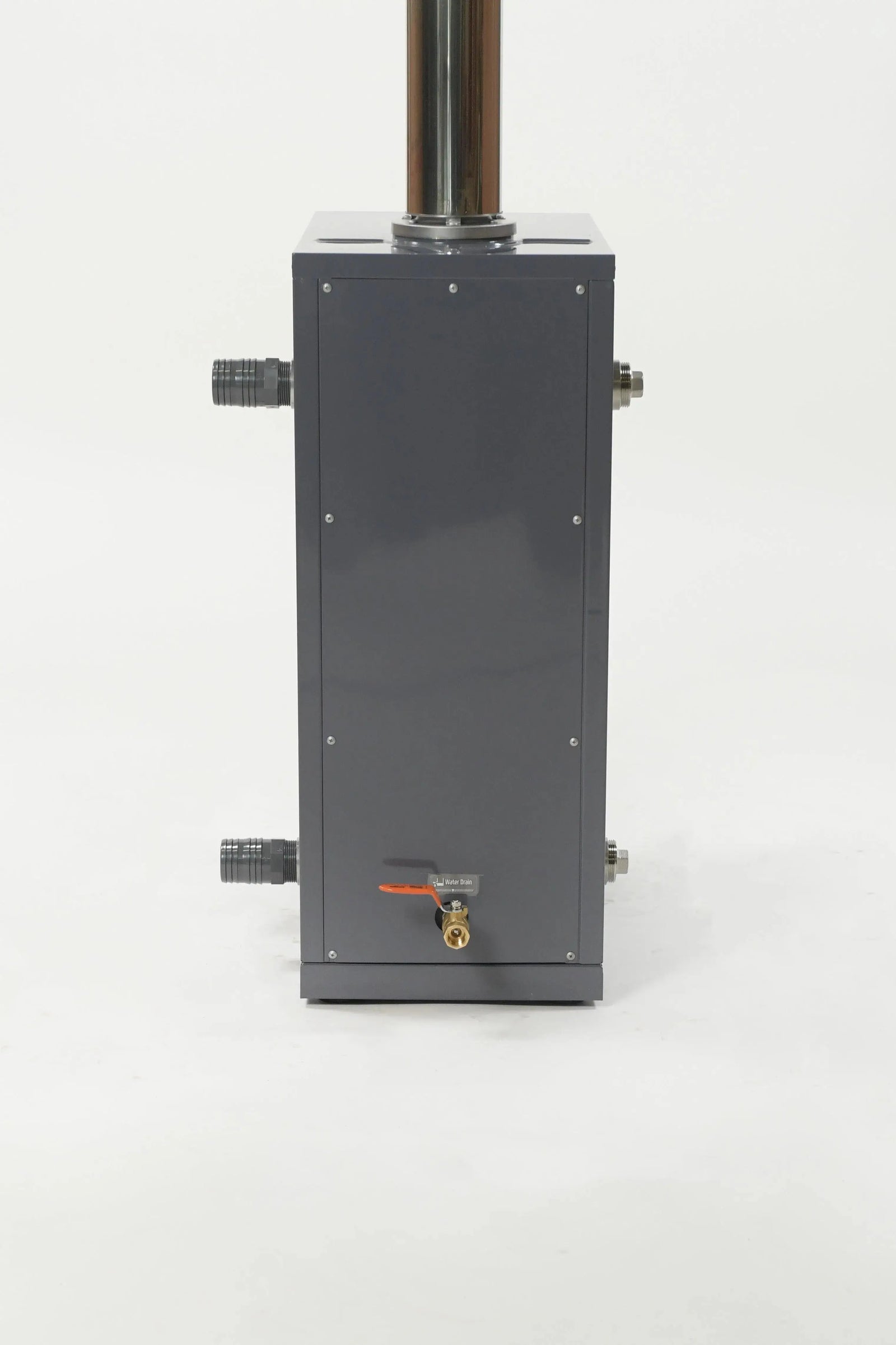 A rectangular, dark gray metal box with pipes protruding from both sides. There is a metallic pipe extending upward from the top and a brass faucet with a red handle at the bottom front. Ideal for use as an energy-efficient heater, the REXENER PR200 energy efficient hot tub water heater by Hot Tub Liverpool sits on a plain white background.