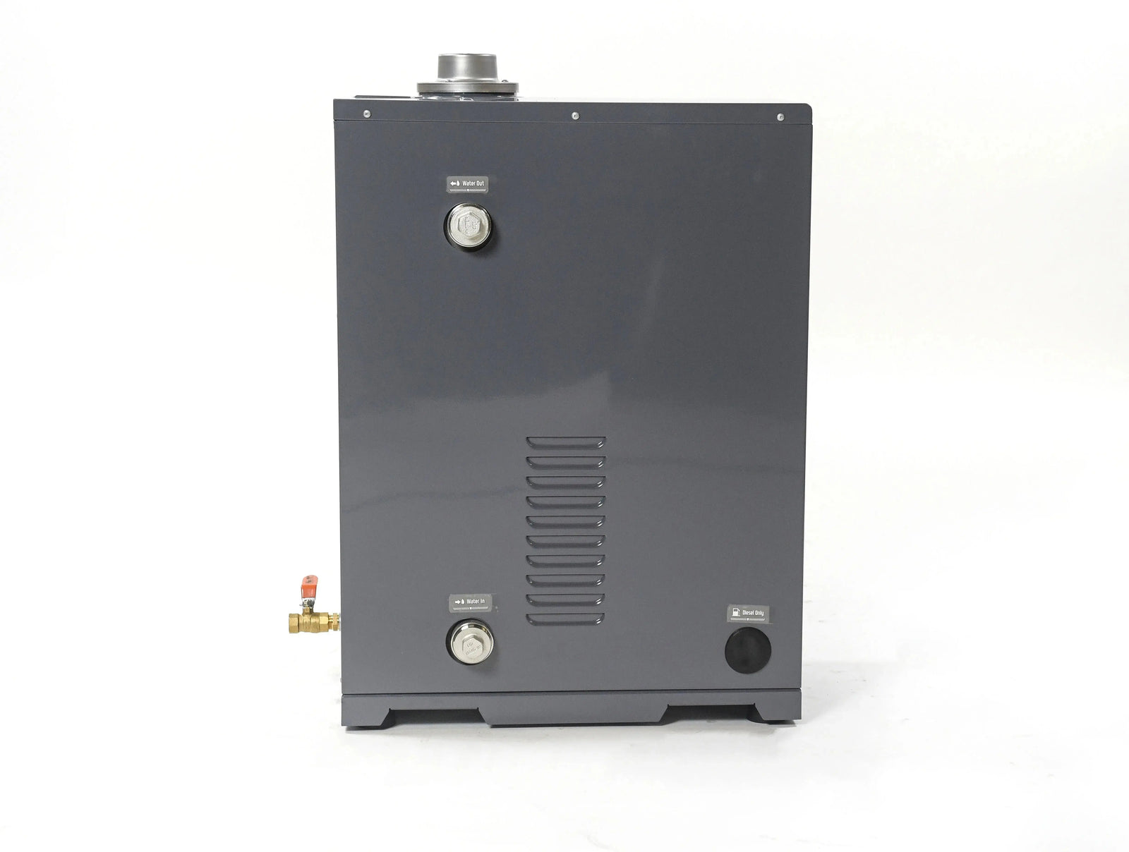 A gray metal boiler with various pipes and connectors protruding from the sides and top, positioned against a white background. The front panel has multiple labeled knobs and vents, resembling the intricate design of a Hot Tub Liverpool REXENER PR200 energy efficient hot tub water heater.