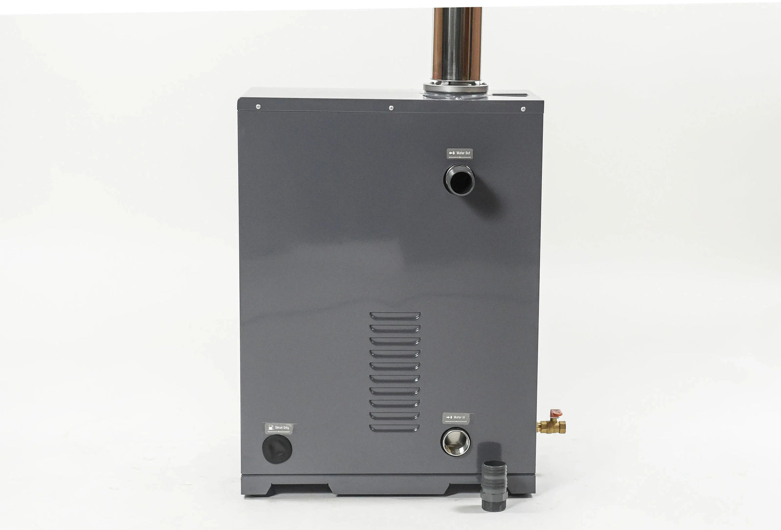 A gray industrial REXENER PR200 energy efficient hot tub water heater with a smooth front panel features two pipe connections, an exhaust port at the top, and vented openings at the bottom. The energy-efficient unit by Hot Tub Liverpool is set against a plain white background.