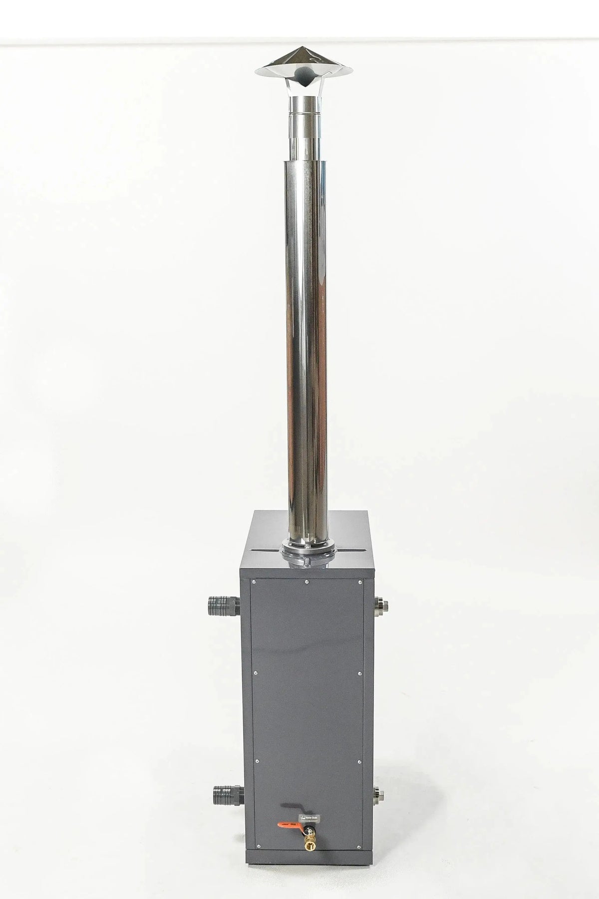A tall, rectangular, gray metal outdoor water heater with a stainless steel chimney pipe extending vertically from the top. It features a faucet at the bottom front and water inlet/outlet pipes on the sides. Ideal for use as a REXENER PR200 energy efficient hot tub water heater by Hot Tub Liverpool in energy-efficient setups. The background is plain white.