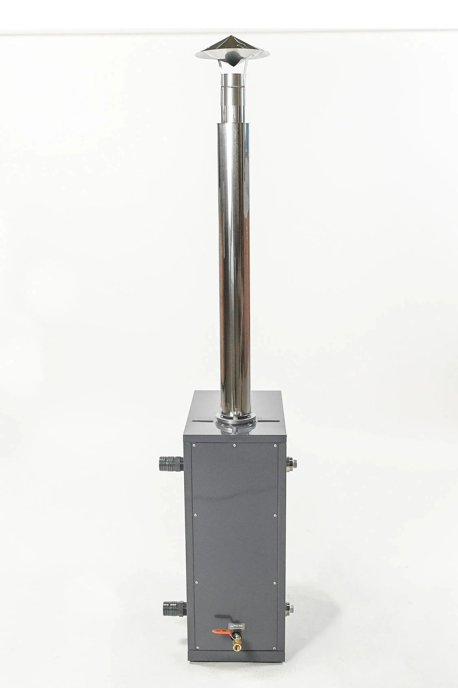 A tall, rectangular, gray metal outdoor water heater with a stainless steel chimney pipe extending vertically from the top. It features a faucet at the bottom front and water inlet/outlet pipes on the sides. Ideal for use as a REXENER PR200 energy efficient hot tub water heater by Hot Tub Liverpool in energy-efficient setups. The background is plain white.