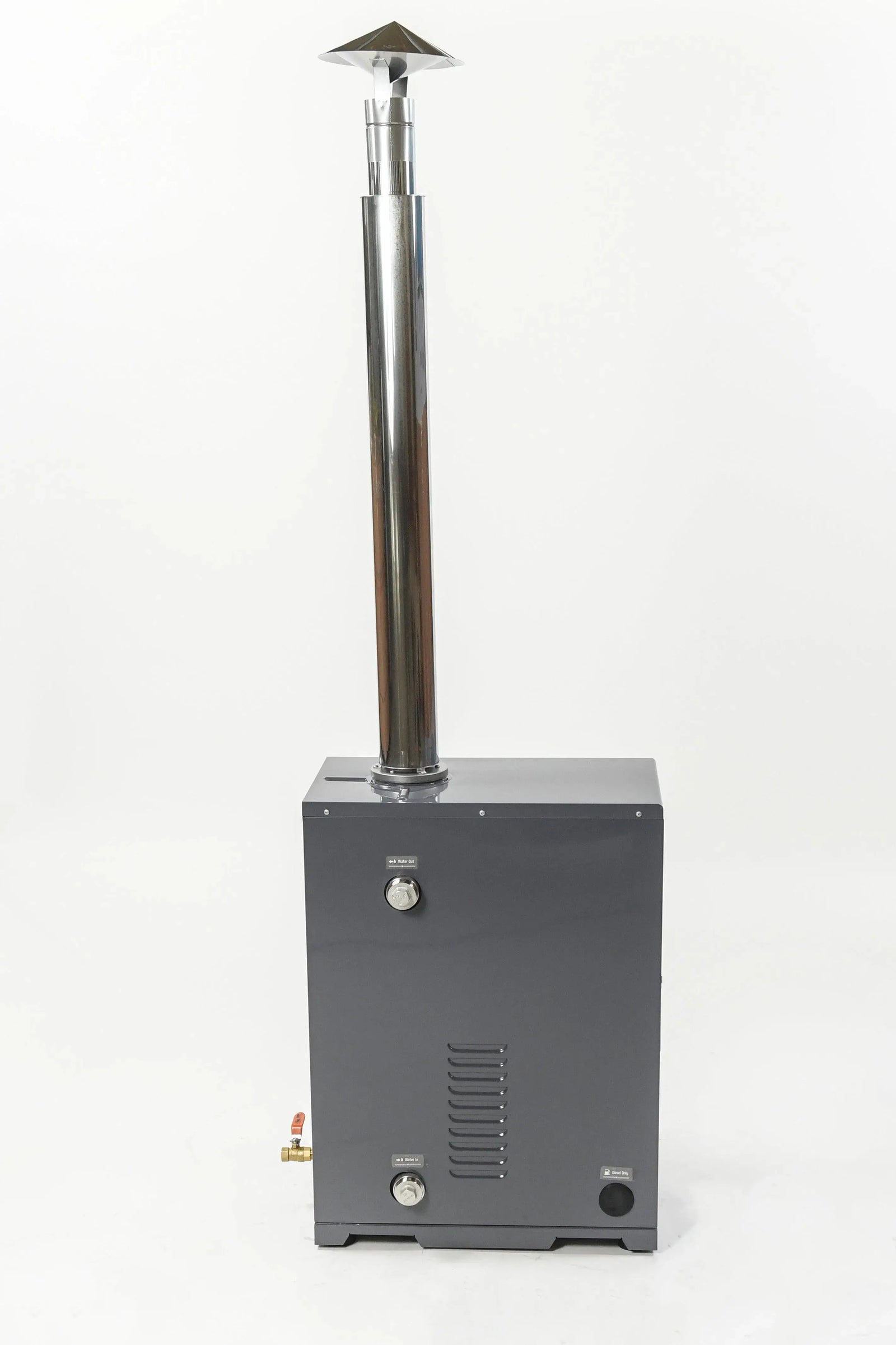 A standalone REXENER PR200 energy efficient hot tub water heater by Hot Tub Liverpool with a tall, vertical chimney stack is pictured. The unit is gray with control knobs on the front and a vent near the bottom. The chimney is topped with a conical vent cap. Ideal for those looking for energy efficient heaters, it blends seamlessly into any outdoor space.