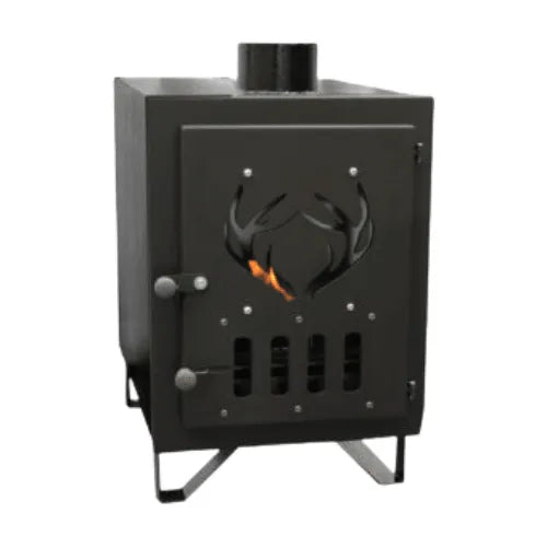 A black, rectangular Hot Tub Liverpool Rexener Wood Heater with a front door featuring a decorative design of deer antlers. The modern wood stove has a small window showing the flames inside and is equipped with dual control knobs and four sturdy legs for stability.