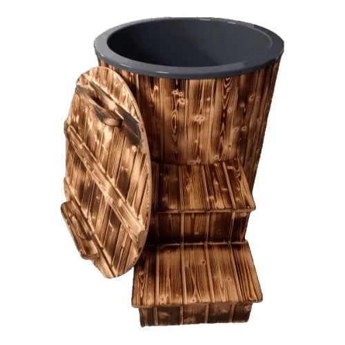 A round wooden hot tub with an open door and steps leading into it. The wood is stained and has a rustic appearance, ideal for both relaxation and recovery. The interior of the tub is dark and contrasts with the wooden exterior, making it perfect for ice baths to invigorate your Vagus Nerve. Introducing the Solo Ice Bath (Chiller not Included) by Sunbeach Spas.